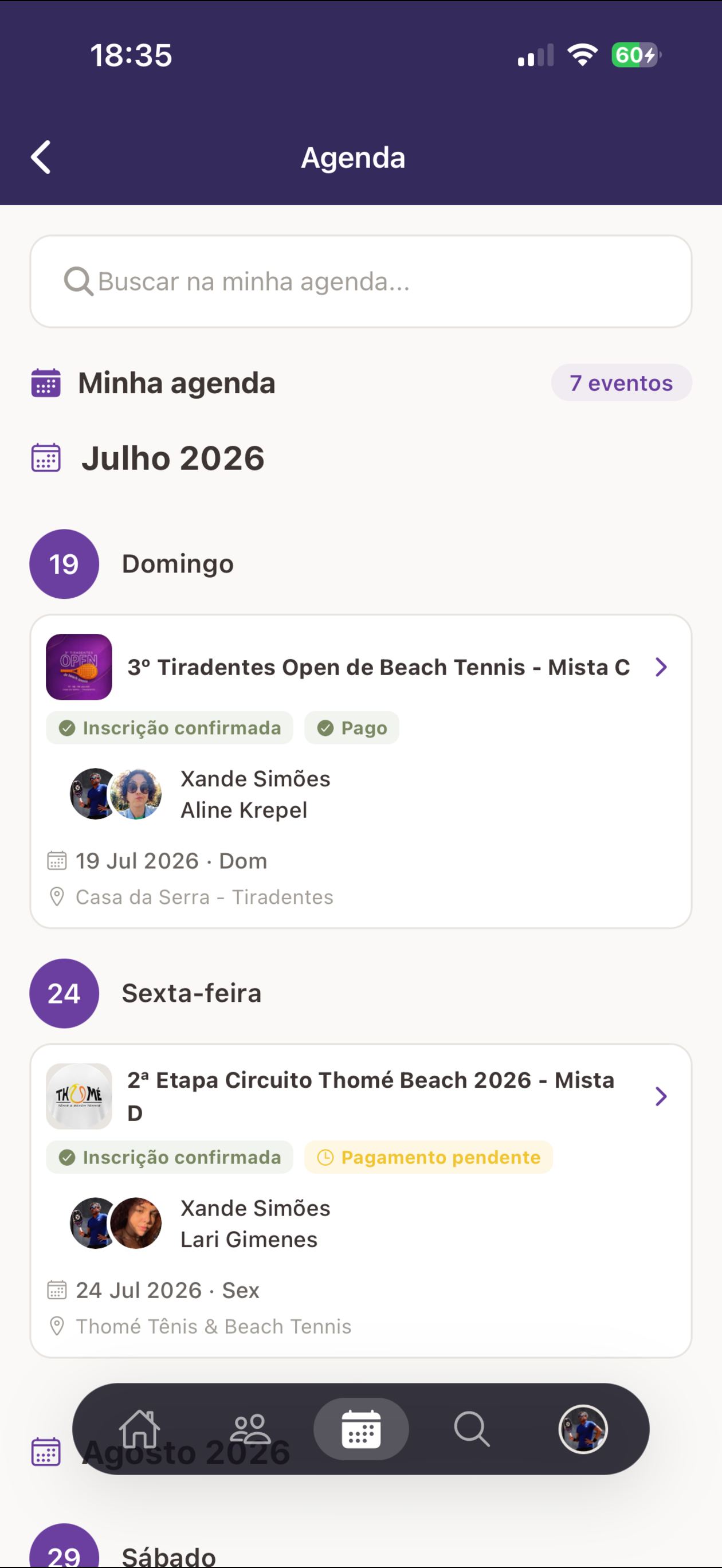 Eventos e agenda de jogos no Smatch